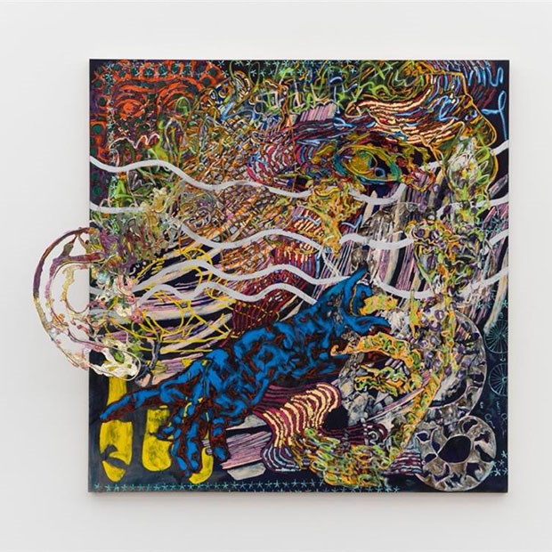 Vivid abstract painting with layered, multicolored swirling patterns and textures, featuring a prominent dark blue creature-like figure and wavy white lines crossing the canvas.