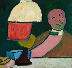 Expressionist painting of a bald man sat listening, vibrant colours are used.
