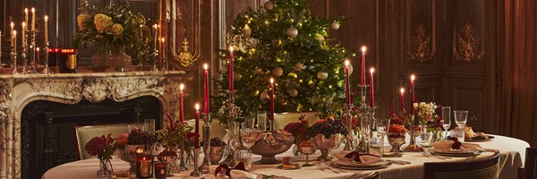 A beautifully arranged festive table, with a decorated Christmas tree behind it.