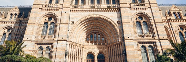 View of the front of the National History Museum, an impressive building with blue sky  in the background.