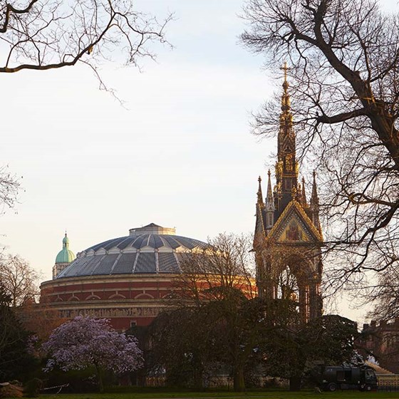 A distant view of the Royal Albert Hall, from Kensington Gardens, where hotel guests can stroll and take in the sights.