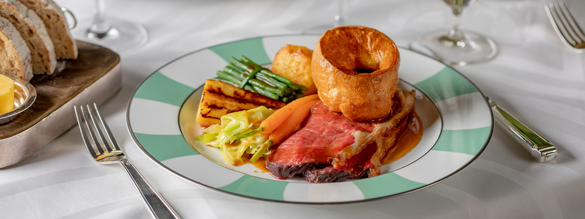 Perfectly golden roast potatoes and roast beef can be ordered in The Foyer and Reading Room.
